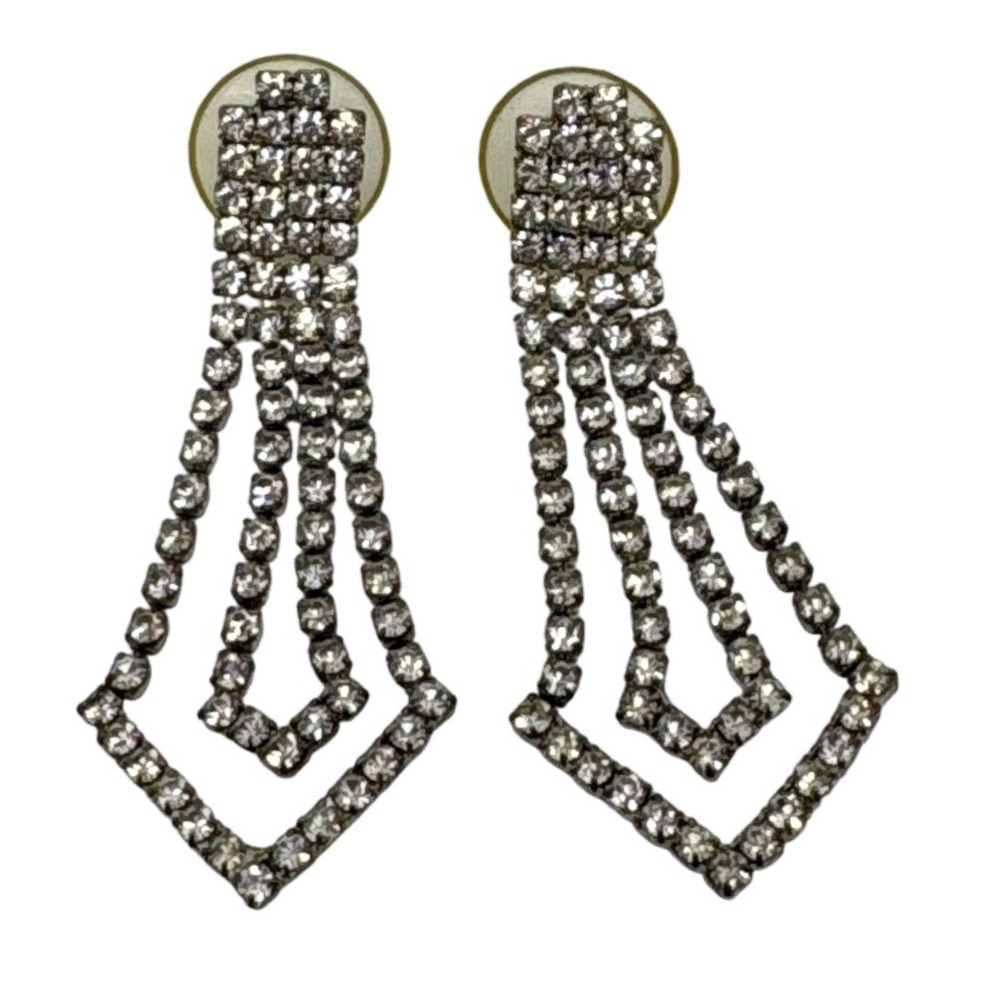 1980s Rhinestone Dangle Earrings Silver Tone Diamond Shape Statement Jewelry